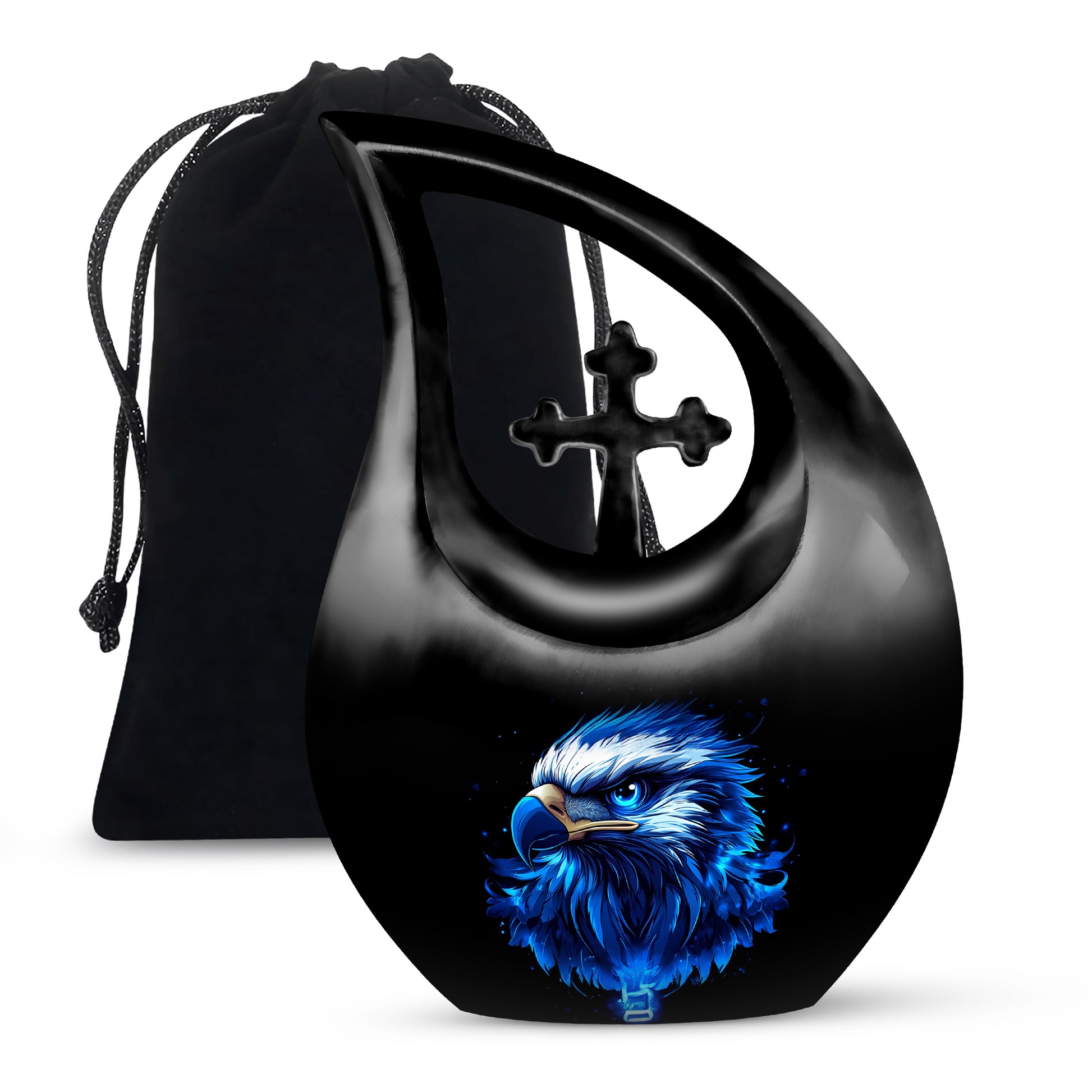 Charcoal Black Eagle Cremation Urn top-down view of secure threaded lid - faith-inspired cross-drop urn with eagle pattern - full-size 10 inch 200 cubic inch adult cremation urn