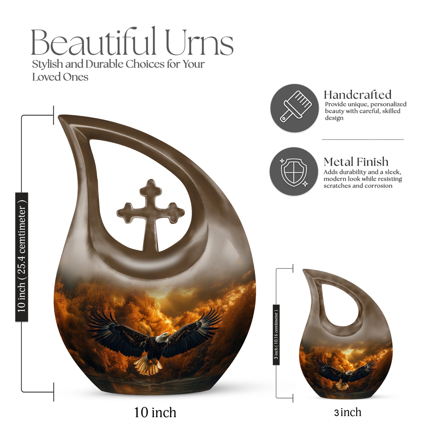Sunrise Gold Eagle Cremation Urn back view with polished surface - sacred cross merged with eagle motif on metal - mini keepsake memorial for portion of cremation ashes