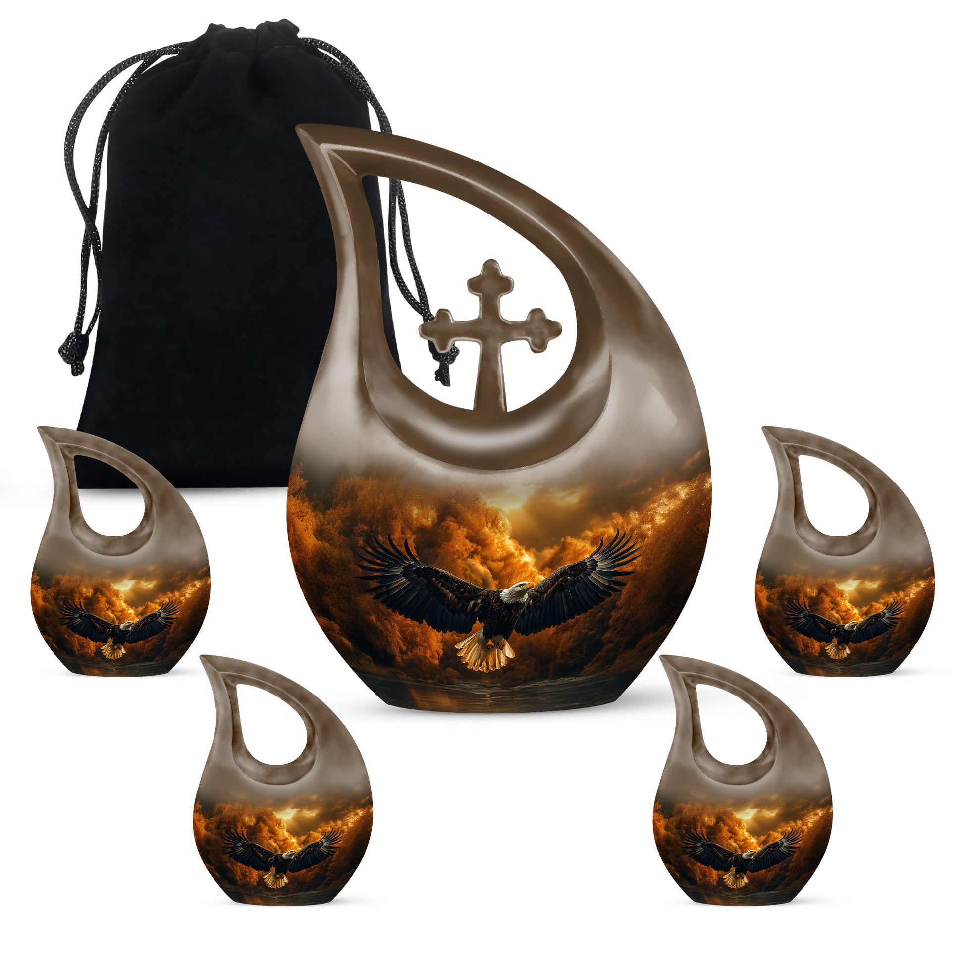 Champagne Gold Eagle Cremation Urn urn with complimentary velvet bag - sacred cross merged with eagle motif on metal - memorial set with one large and four small urns