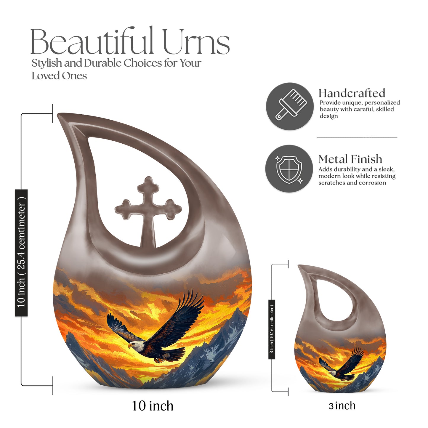 Warm Gold Eagle Cremation Urn back view with polished surface - devotional cross-drop eagle engraving - mini keepsake memorial for portion of cremation ashes