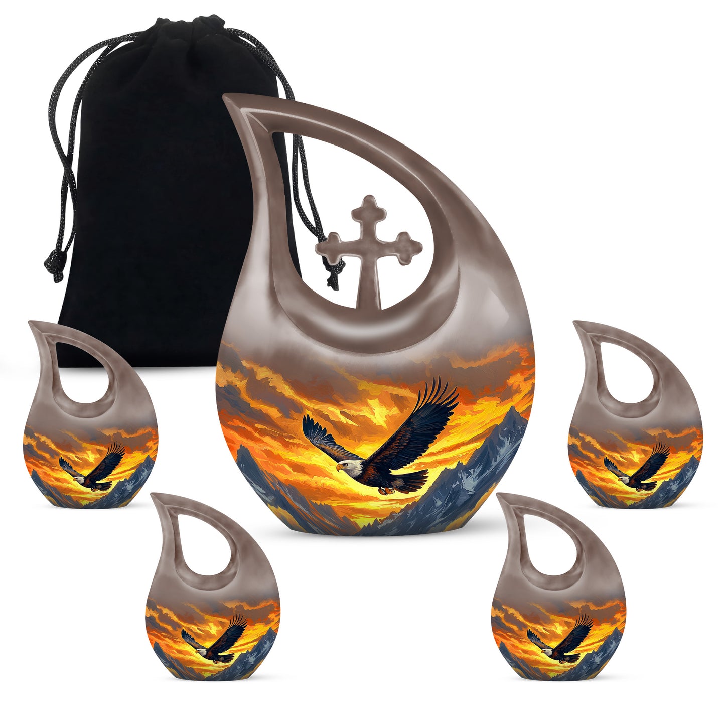 Amber Gold Eagle Cremation Urn urn with complimentary velvet bag - sacred cross merged with eagle motif on metal - memorial set with one large and four small urns
