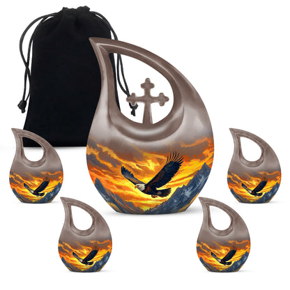 Amber Gold Eagle Cremation Urn urn with complimentary velvet bag - sacred cross merged with eagle motif on metal - memorial set with one large and four small urns