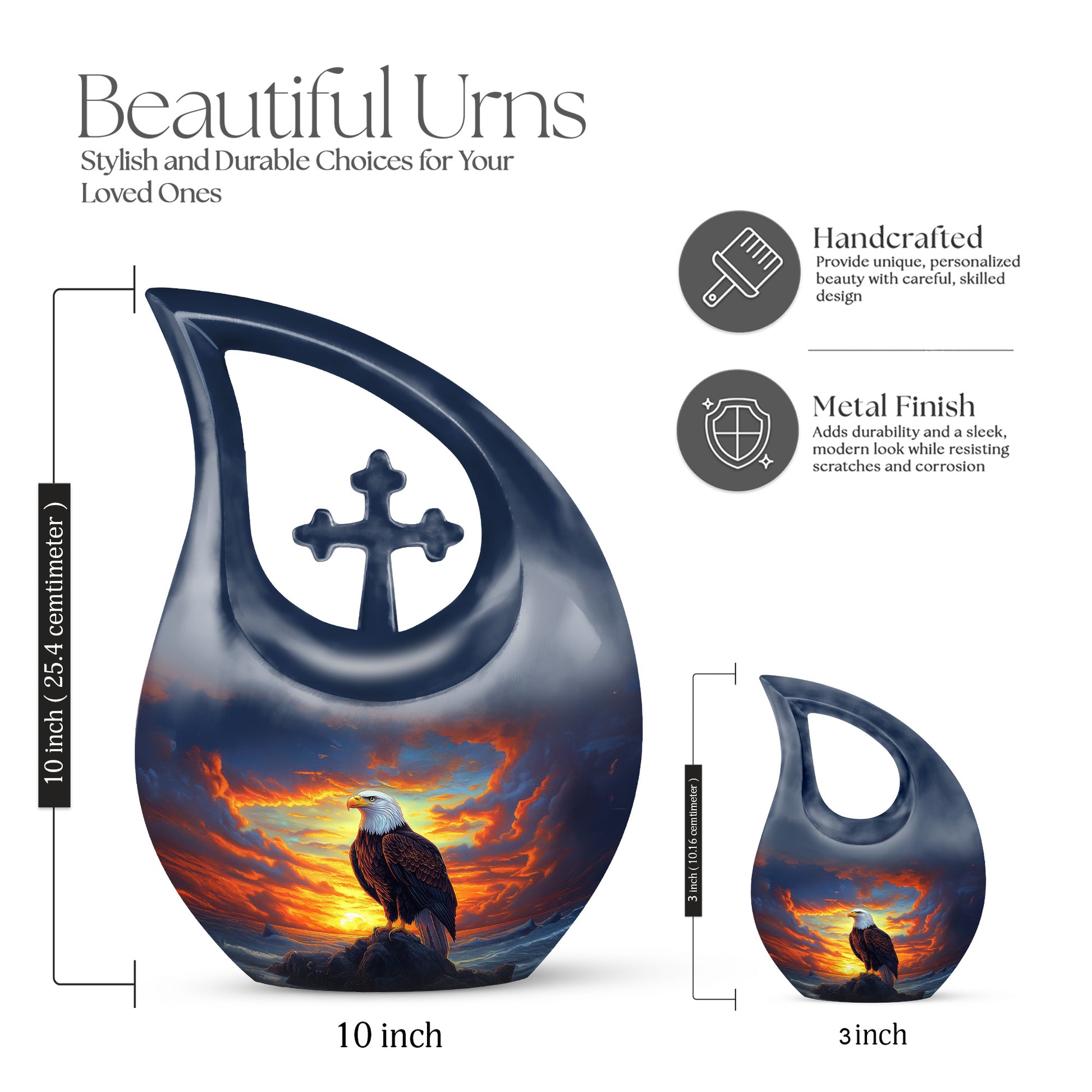 Soft Blue Eagle Cremation Urn back view with polished surface - faith-inspired cross-drop urn with eagle pattern - mini keepsake memorial for portion of cremation ashes