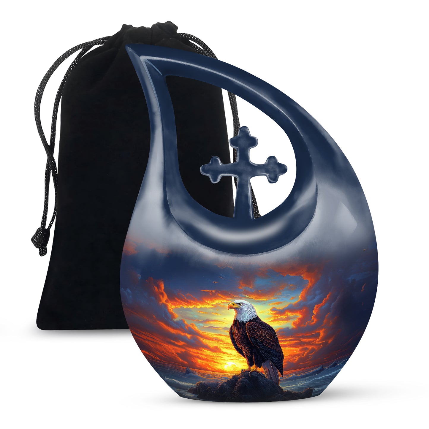Celestial Blue Eagle Cremation Urn top-down view of secure threaded lid - sacred cross merged with eagle motif on metal - full-size 10 inch 200 cubic inch adult cremation urn
