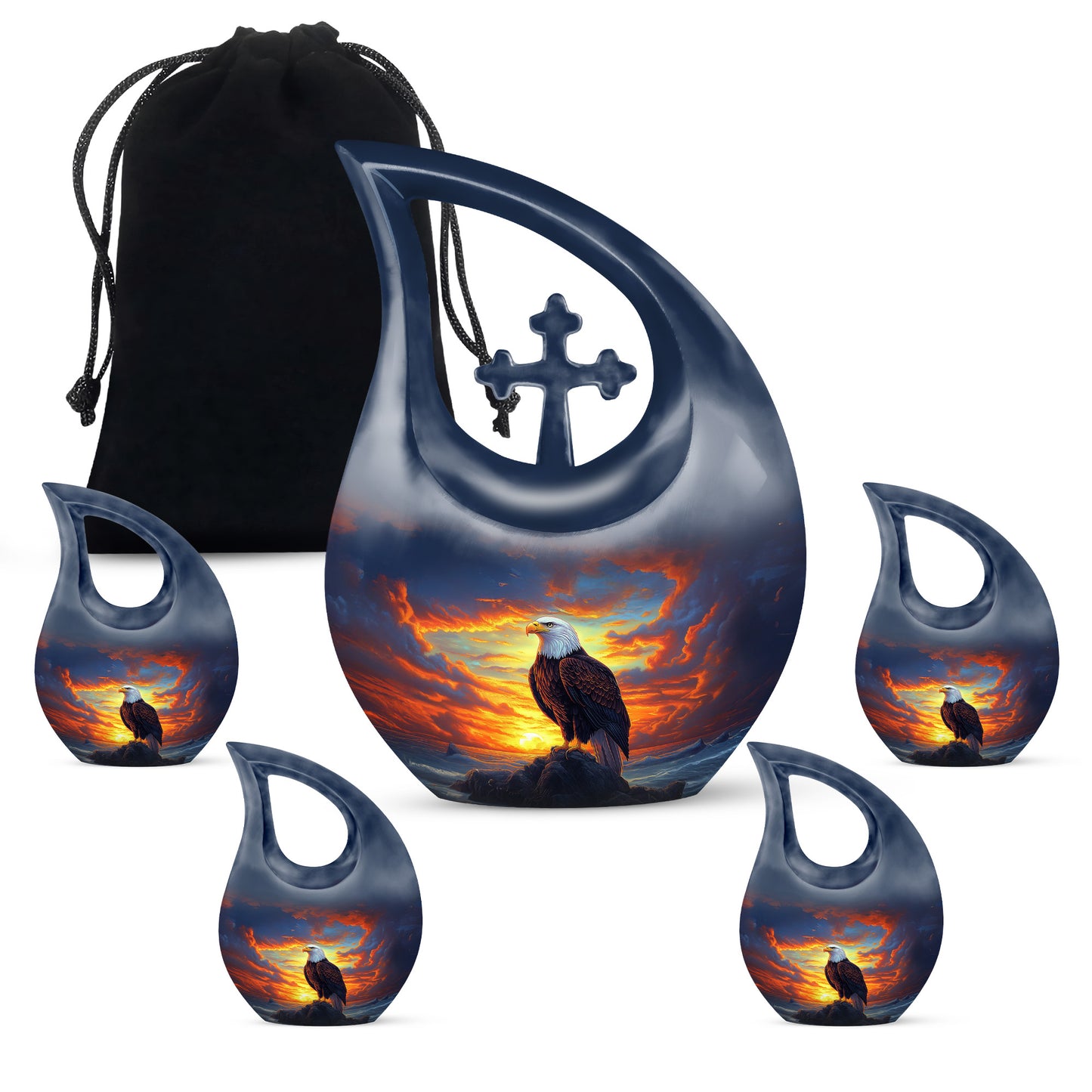 Vivid Blue Eagle Cremation Urn urn with complimentary velvet bag - faith-inspired cross-drop urn with eagle pattern - memorial set with one large and four small urns
