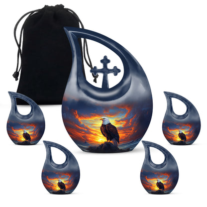 Vivid Blue Eagle Cremation Urn urn with complimentary velvet bag - faith-inspired cross-drop urn with eagle pattern - memorial set with one large and four small urns