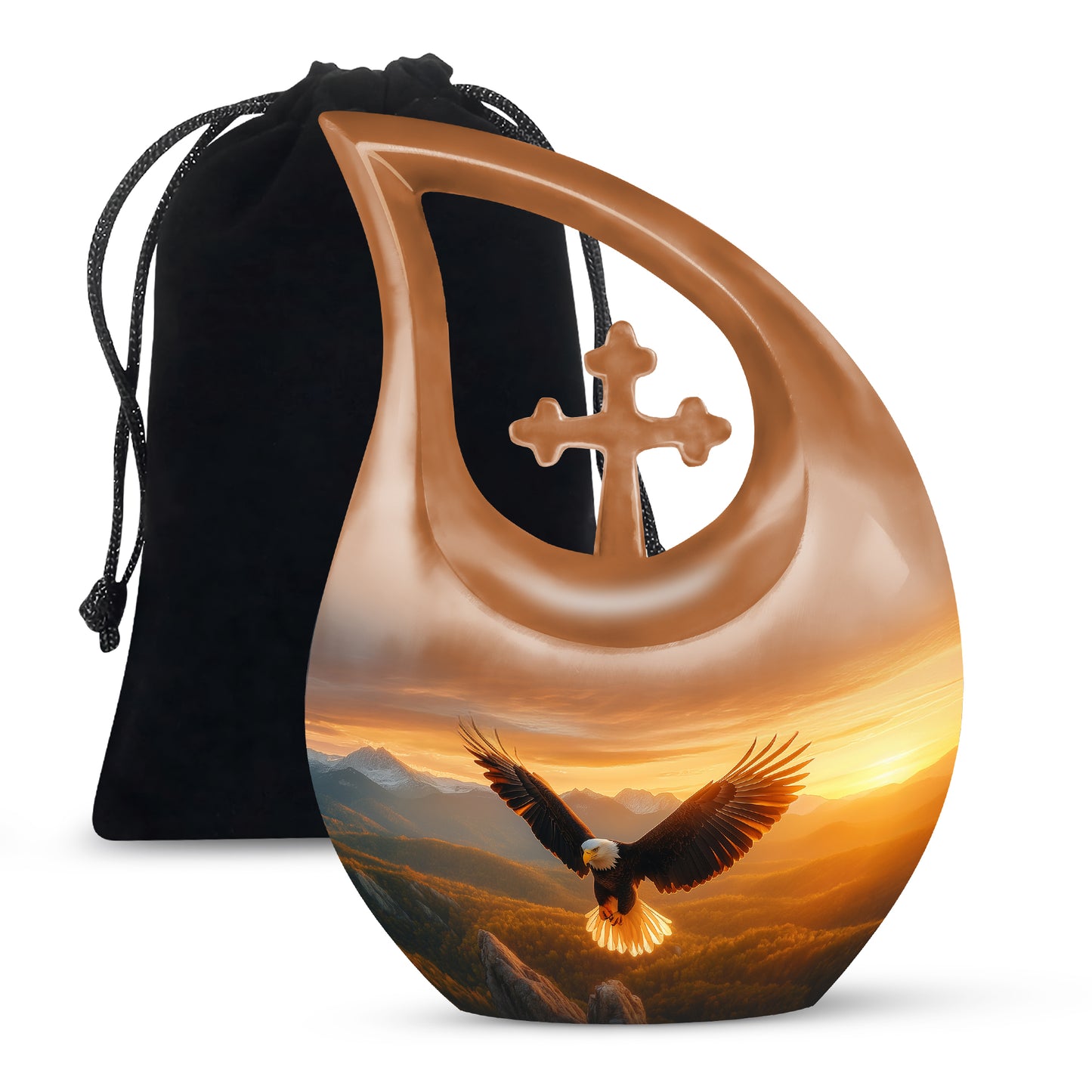 Burnished Gold Eagle Cremation Urn top-down view of secure threaded lid - devotional cross-drop eagle engraving - full-size 10 inch 200 cubic inch adult cremation urn
