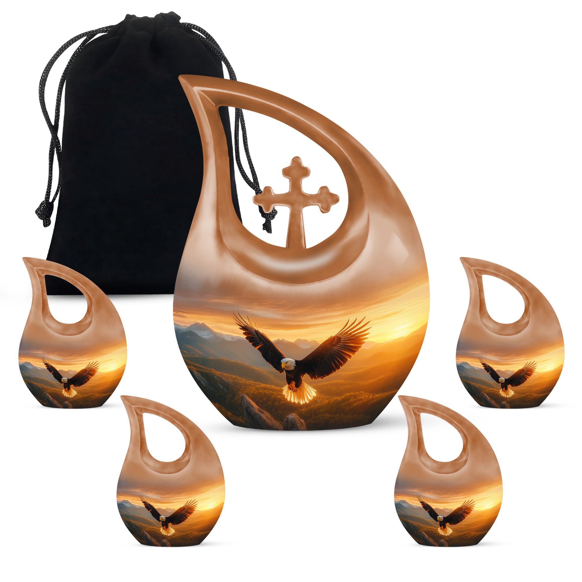 Amber Gold Eagle Cremation Urn urn with complimentary velvet bag - cross and eagle combined in spiritual memorial design - memorial set with one large and four small urns