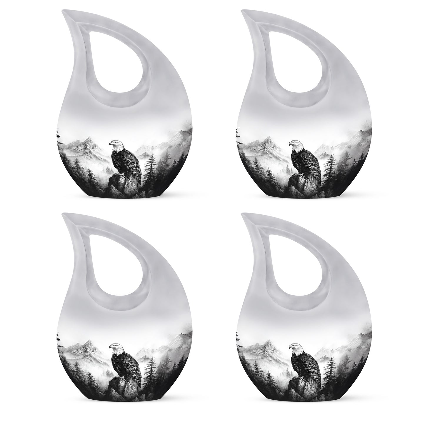 Polished Silver Eagle Cremation Urn lifestyle display on memorial shelf - faith-inspired cross-drop urn with eagle pattern - 10 inch aluminum urn for cremated remains