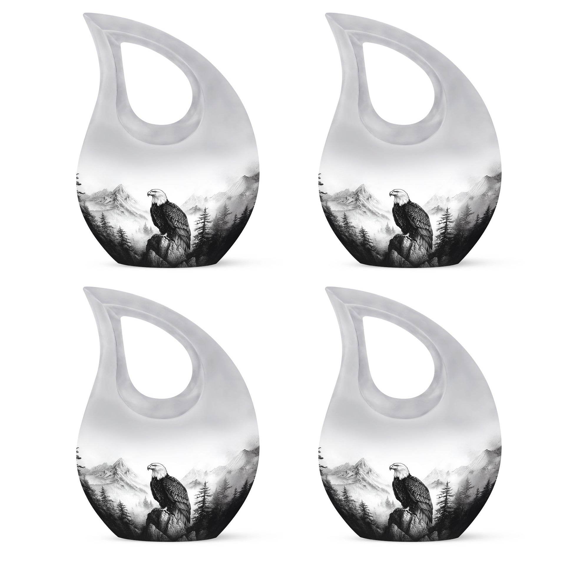 Polished Silver Eagle Cremation Urn lifestyle display on memorial shelf - faith-inspired cross-drop urn with eagle pattern - 10 inch aluminum urn for cremated remains