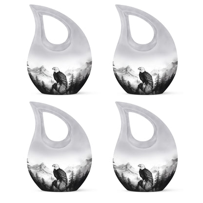 Polished Silver Eagle Cremation Urn lifestyle display on memorial shelf - faith-inspired cross-drop urn with eagle pattern - 10 inch aluminum urn for cremated remains