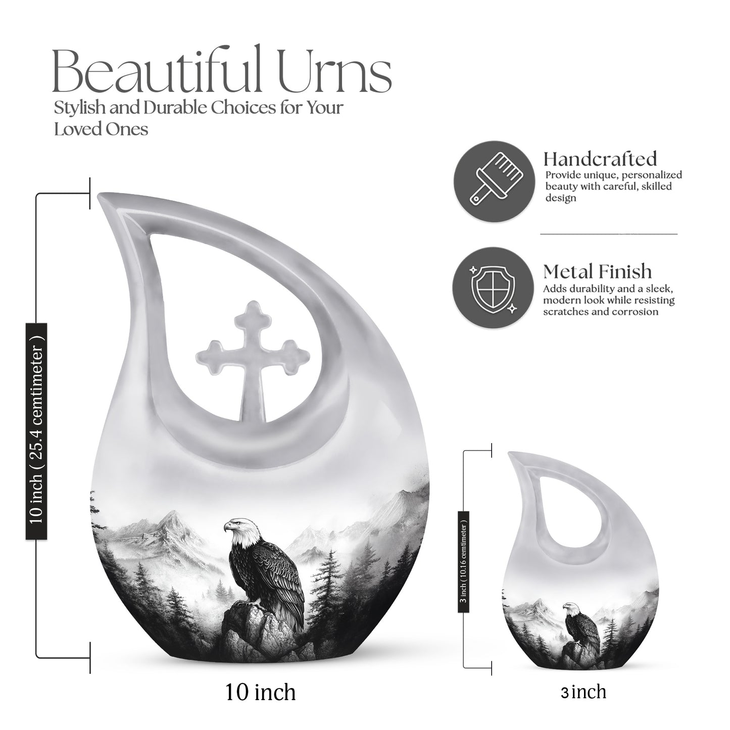 Platinum Silver Eagle Cremation Urn back view with polished surface - sacred cross merged with eagle motif on metal - mini keepsake memorial for portion of cremation ashes