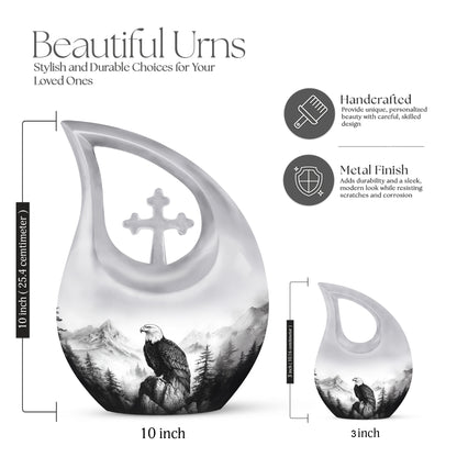 Platinum Silver Eagle Cremation Urn back view with polished surface - sacred cross merged with eagle motif on metal - mini keepsake memorial for portion of cremation ashes
