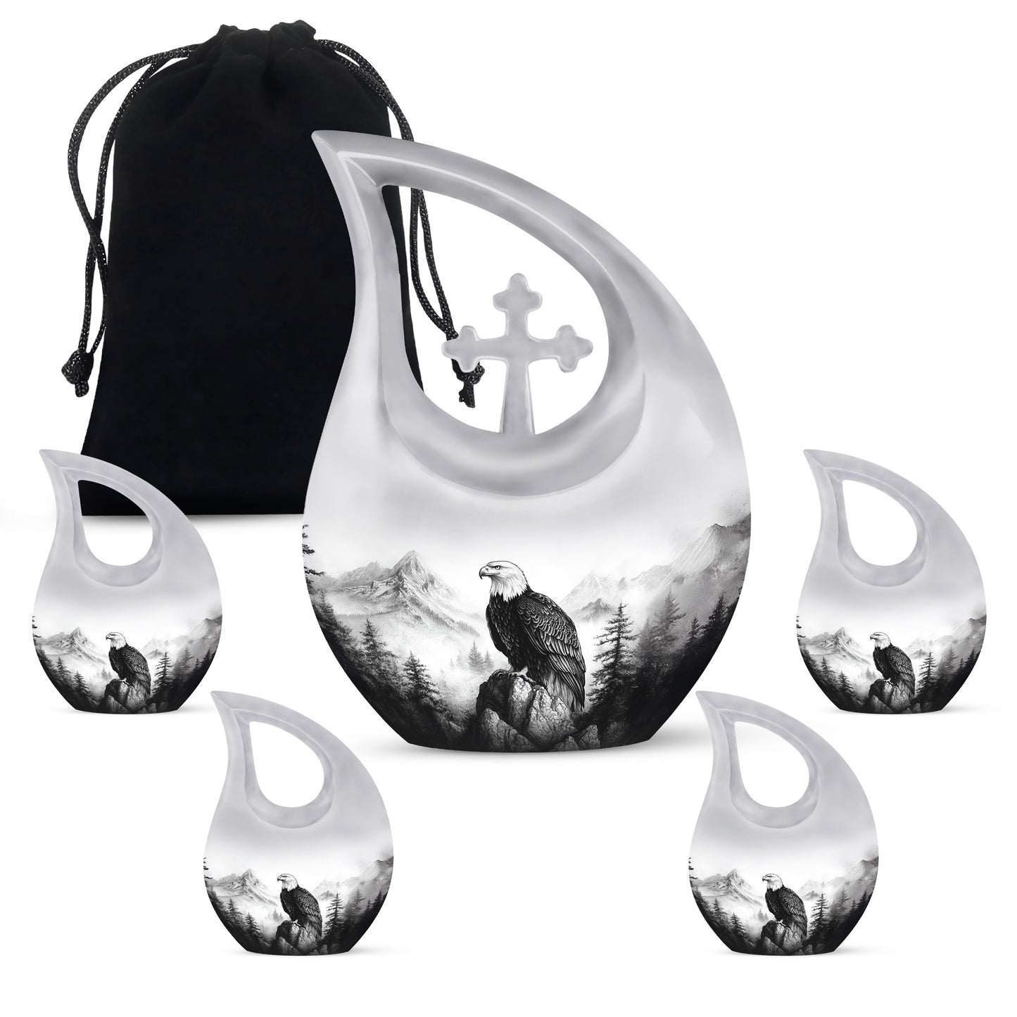 Satin Silver Eagle Cremation Urn urn with complimentary velvet bag - cross and eagle combined in spiritual memorial design - memorial set with one large and four small urns