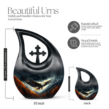 Midnight Black Eagle Cremation Urn back view with polished surface - faith-inspired cross-drop urn with eagle pattern - mini keepsake memorial for portion of cremation ashes