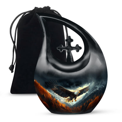 Dark Black Eagle Cremation Urn top-down view of secure threaded lid - faith-inspired cross-drop urn with eagle pattern - full-size 10 inch 200 cubic inch adult cremation urn