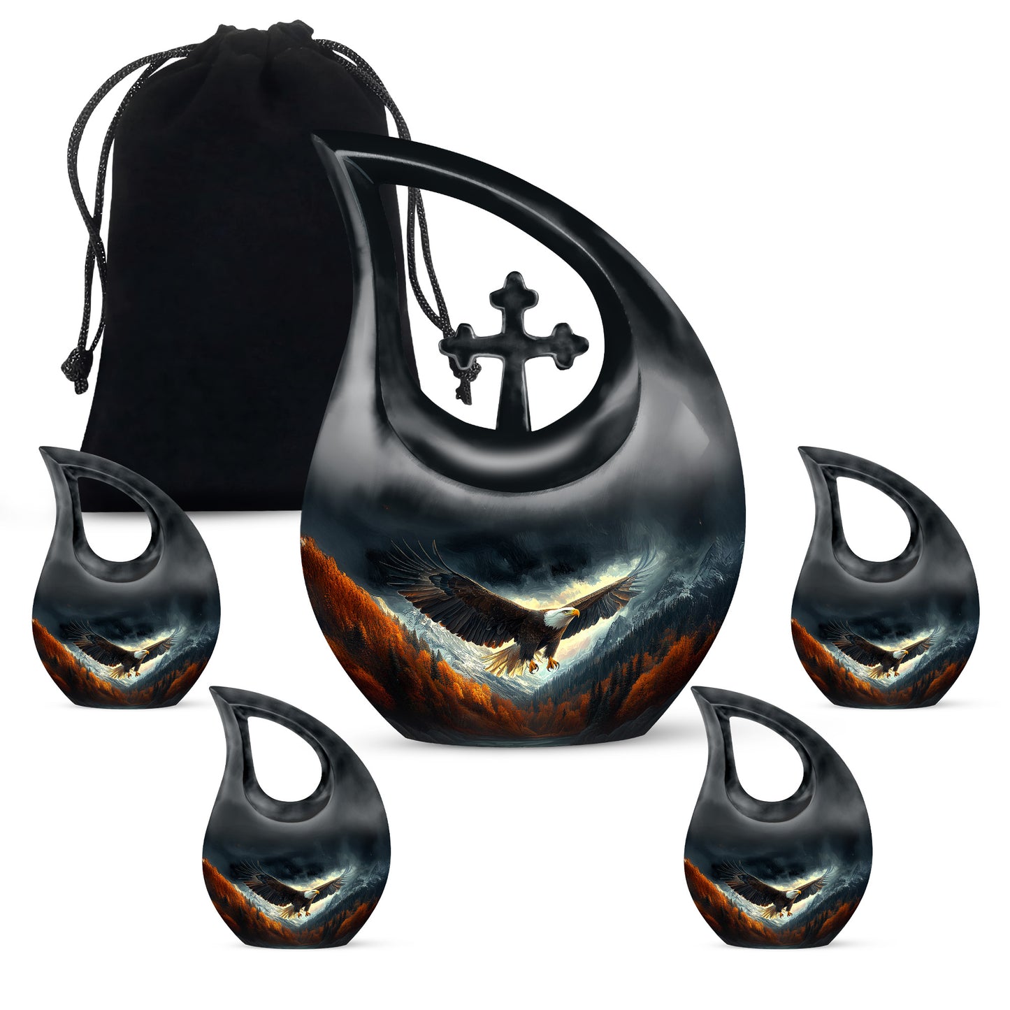 Ebony Eagle Cremation Urn urn with complimentary velvet bag - cross and eagle combined in spiritual memorial design - memorial set with one large and four small urns