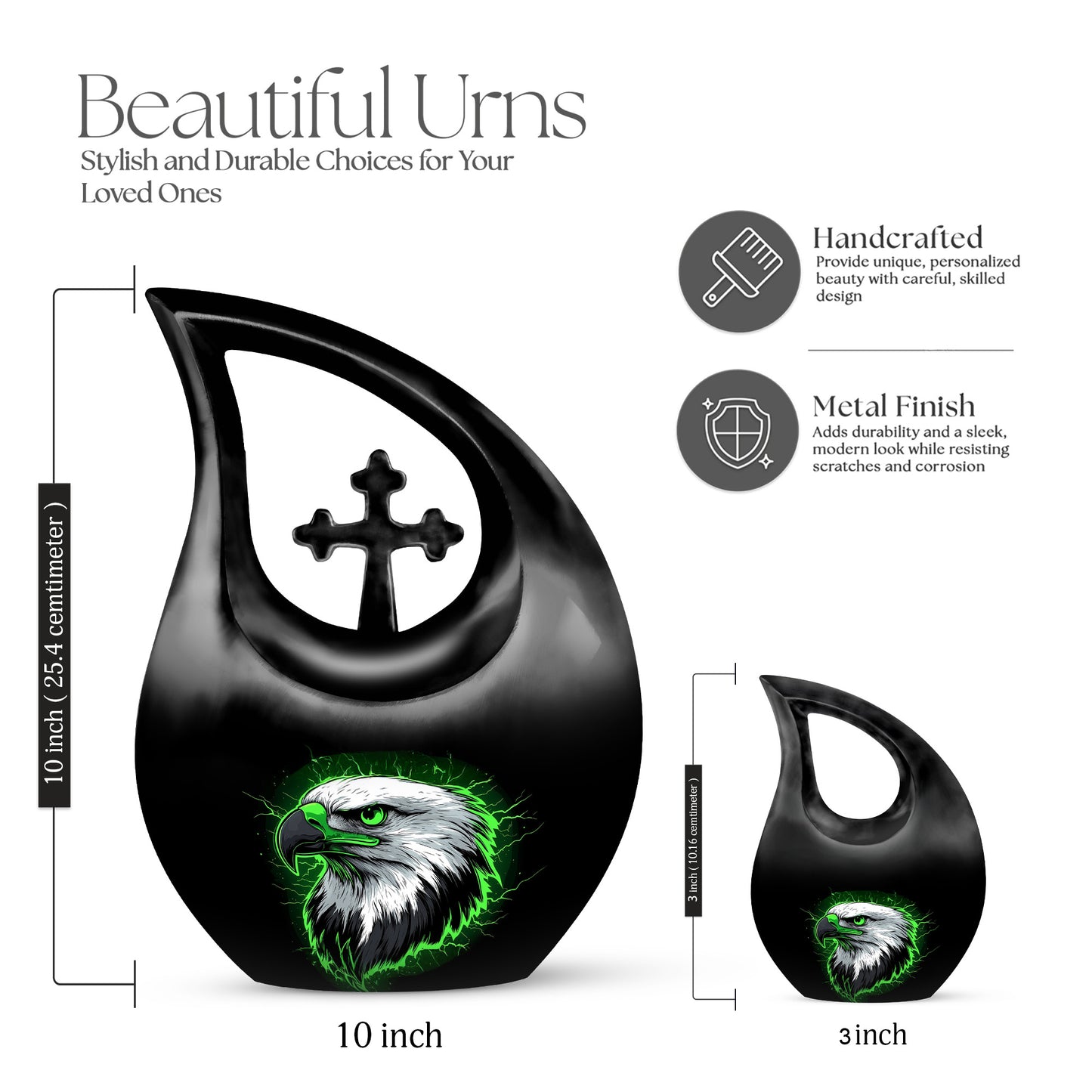 Deep Black Eagle Cremation Urn back view with polished surface - sacred cross merged with eagle motif on metal - mini keepsake memorial for portion of cremation ashes