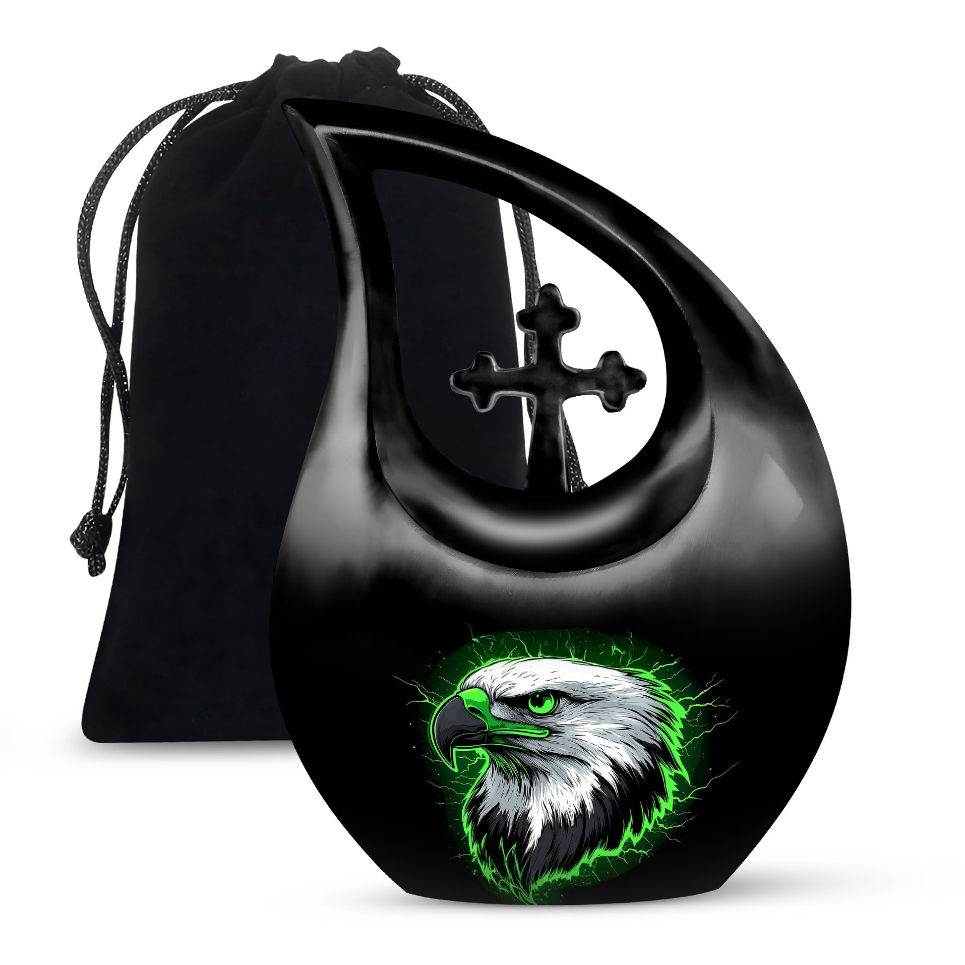 Obsidian Black Eagle Cremation Urn top-down view of secure threaded lid - faith-inspired cross-drop urn with eagle pattern - full-size 10 inch 200 cubic inch adult cremation urn