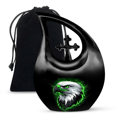 Obsidian Black Eagle Cremation Urn top-down view of secure threaded lid - faith-inspired cross-drop urn with eagle pattern - full-size 10 inch 200 cubic inch adult cremation urn