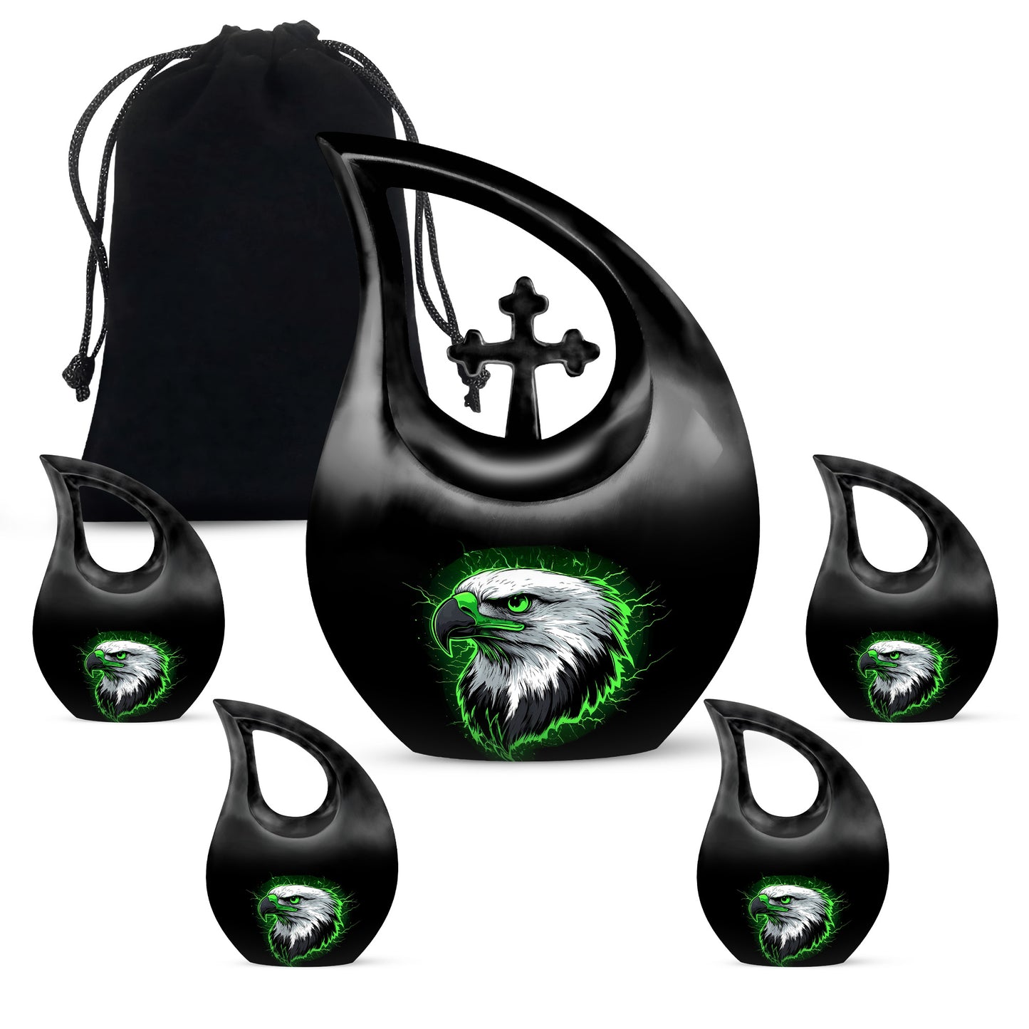 Deep Black Eagle Cremation Urn urn with complimentary velvet bag - cross and eagle combined in spiritual memorial design - memorial set with one large and four small urns