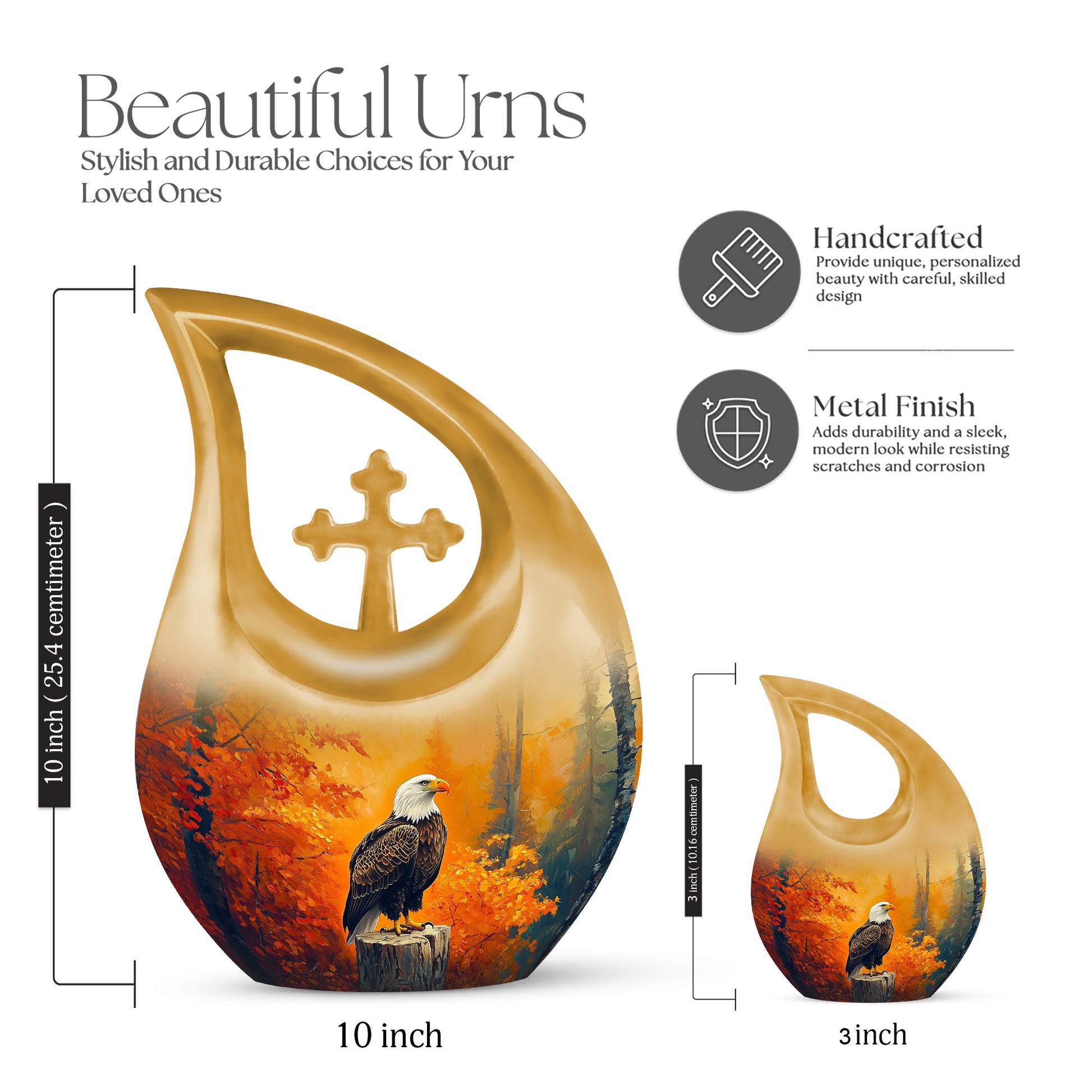 Harvest Gold Eagle Cremation Urn back view with polished surface - devotional cross-drop eagle engraving - mini keepsake memorial for portion of cremation ashes