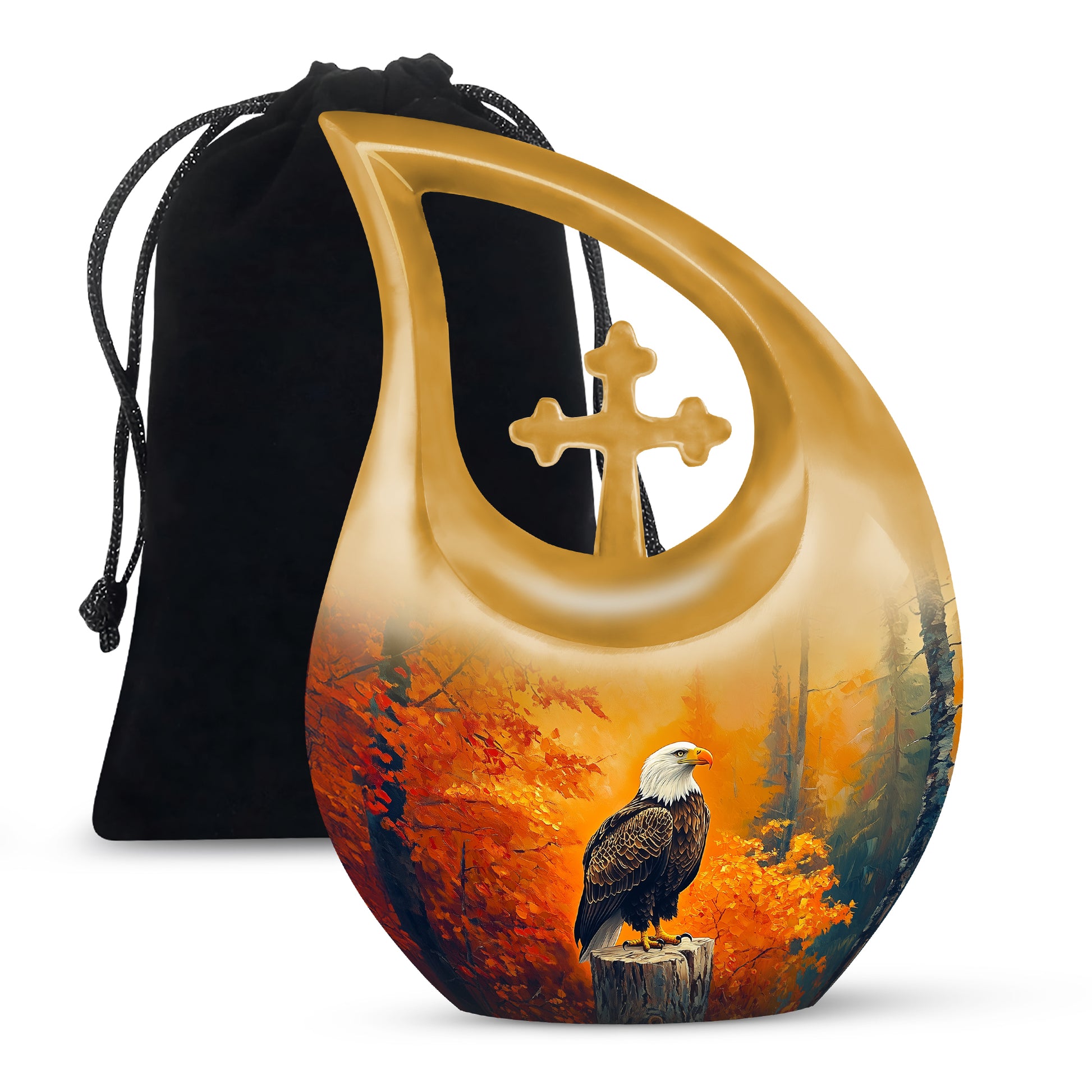 Sunrise Gold Eagle Cremation Urn top-down view of secure threaded lid - cross and eagle combined in spiritual memorial design - full-size 10 inch 200 cubic inch adult cremation urn