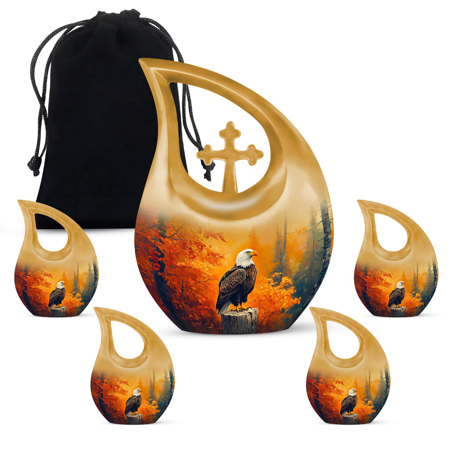 Sunrise Gold Eagle Cremation Urn urn with complimentary velvet bag - sacred cross merged with eagle motif on metal - memorial set with one large and four small urns