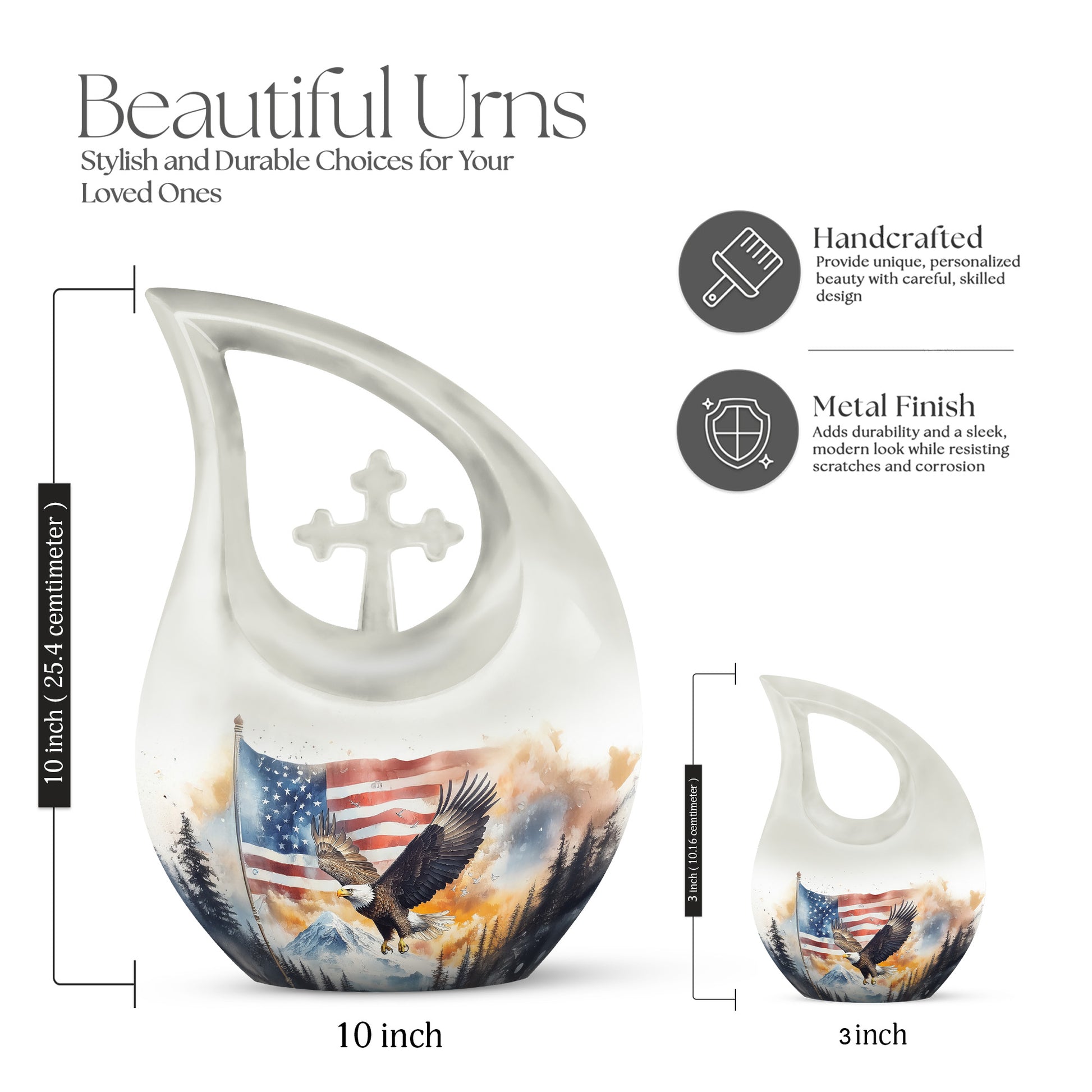 Sterling Silver Eagle Cremation Urn back view with polished surface - cross and eagle combined in spiritual memorial design - mini keepsake memorial for portion of cremation ashes