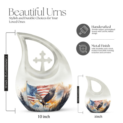 Sterling Silver Eagle Cremation Urn back view with polished surface - cross and eagle combined in spiritual memorial design - mini keepsake memorial for portion of cremation ashes
