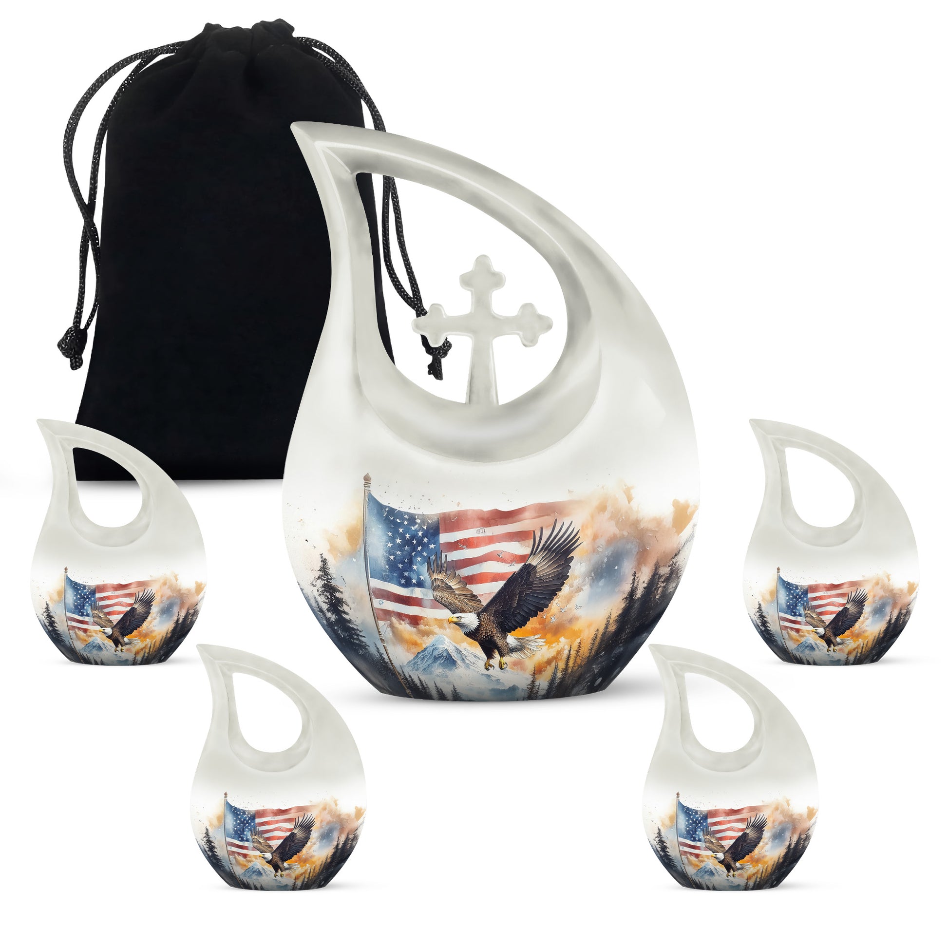 Platinum Silver Eagle Cremation Urn urn with complimentary velvet bag - cross and eagle combined in spiritual memorial design - memorial set with one large and four small urns