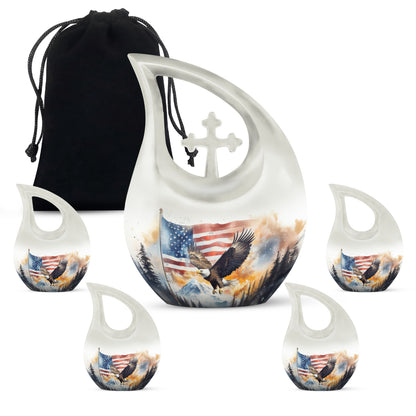 Platinum Silver Eagle Cremation Urn urn with complimentary velvet bag - cross and eagle combined in spiritual memorial design - memorial set with one large and four small urns