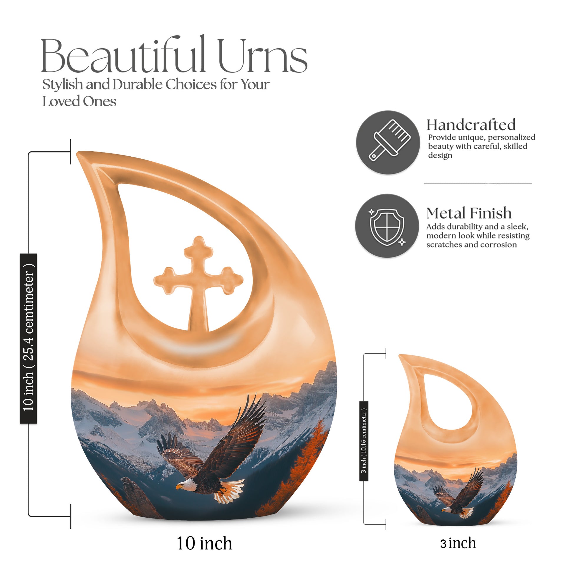 Amber Gold Eagle Cremation Urn back view with polished surface - sacred cross merged with eagle motif on metal - mini keepsake memorial for portion of cremation ashes