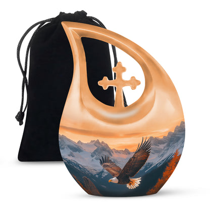 Burnished Gold Eagle Cremation Urn top-down view of secure threaded lid - devotional cross-drop eagle engraving - full-size 10 inch 200 cubic inch adult cremation urn
