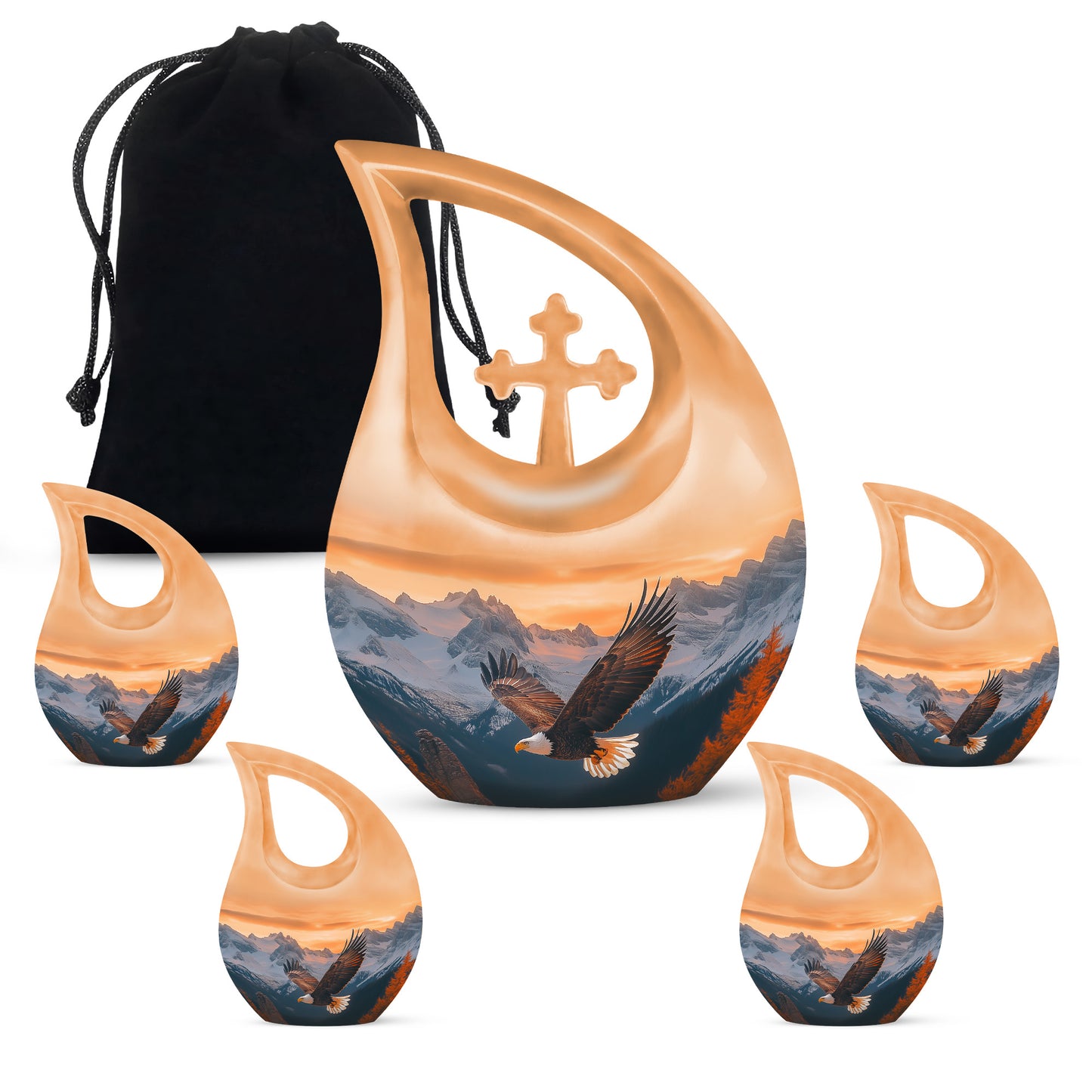 Burnished Gold Eagle Cremation Urn urn with complimentary velvet bag - devotional cross-drop eagle engraving - memorial set with one large and four small urns