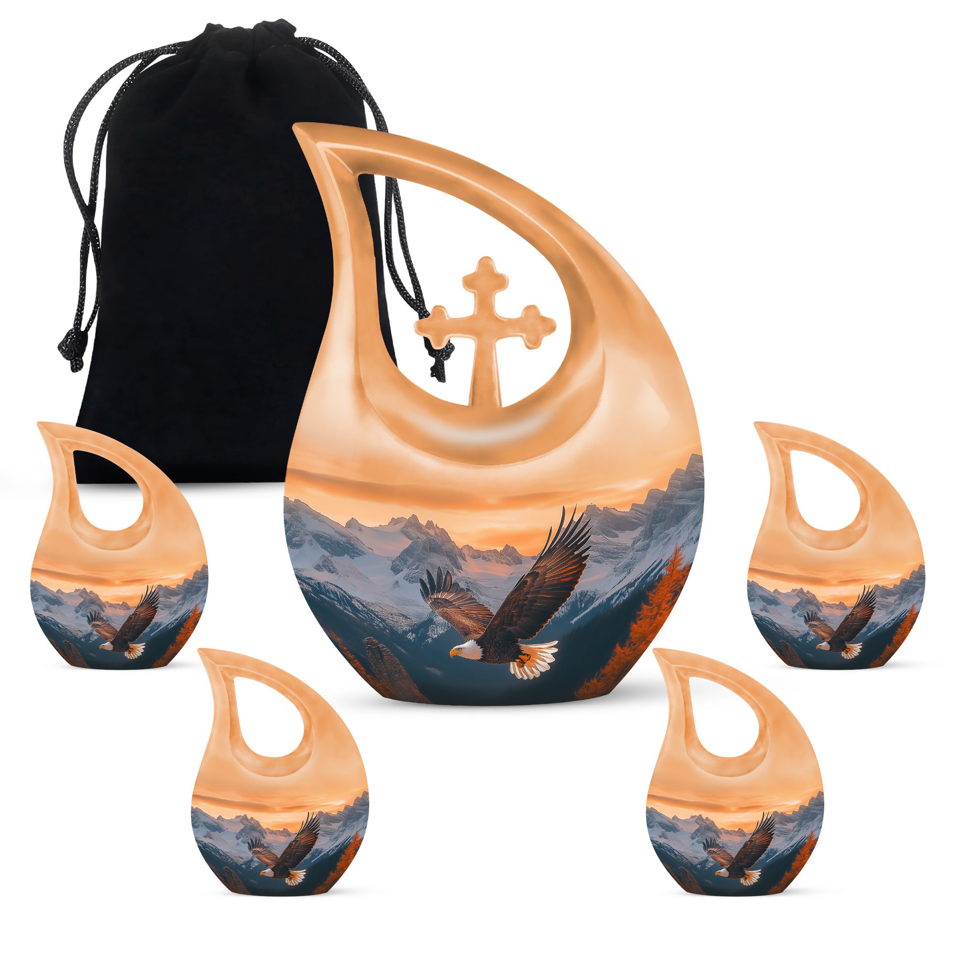 Burnished Gold Eagle Cremation Urn urn with complimentary velvet bag - devotional cross-drop eagle engraving - memorial set with one large and four small urns