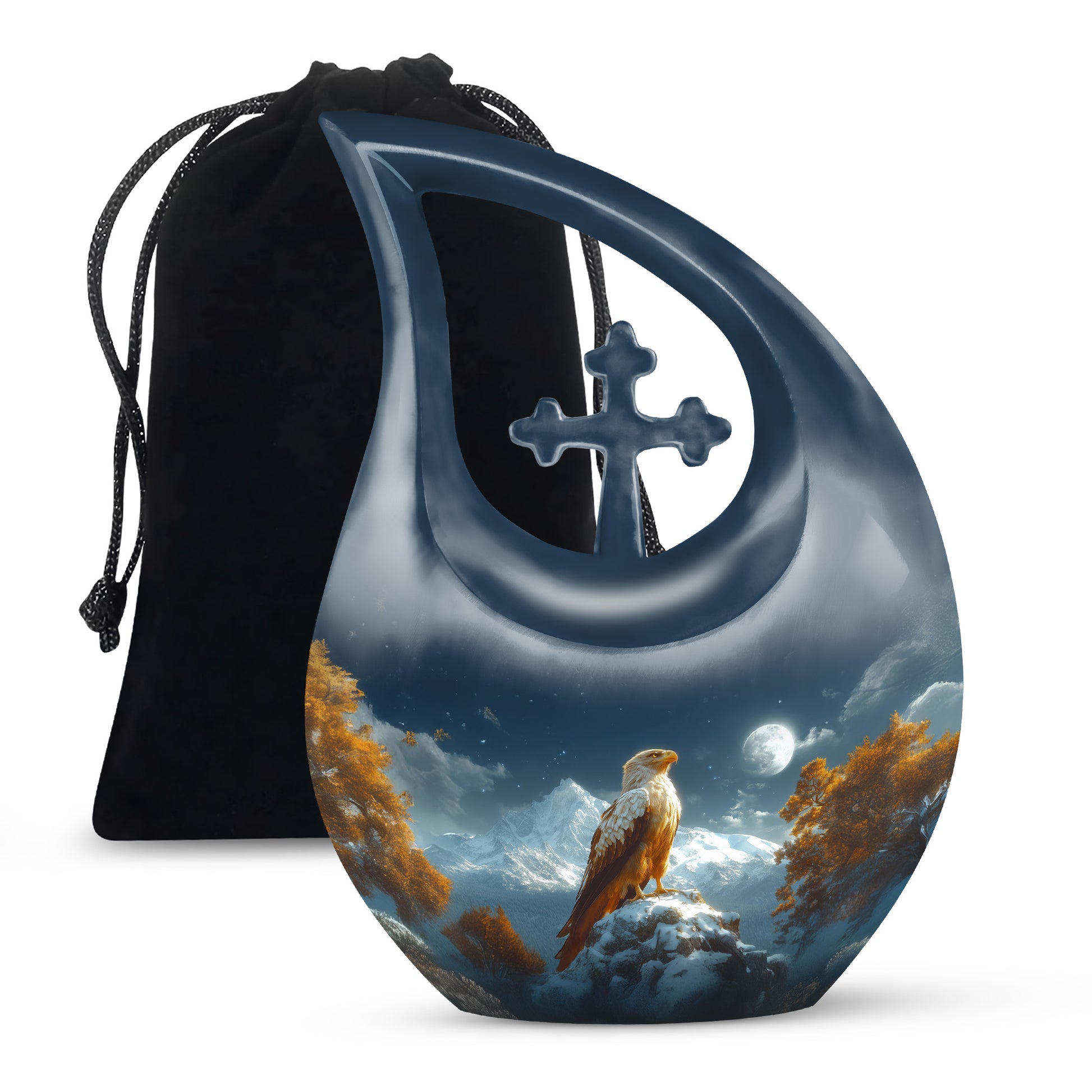 Icy Blue Eagle Cremation Urn top-down view of secure threaded lid - cross and eagle combined in spiritual memorial design - full-size 10 inch 200 cubic inch adult cremation urn