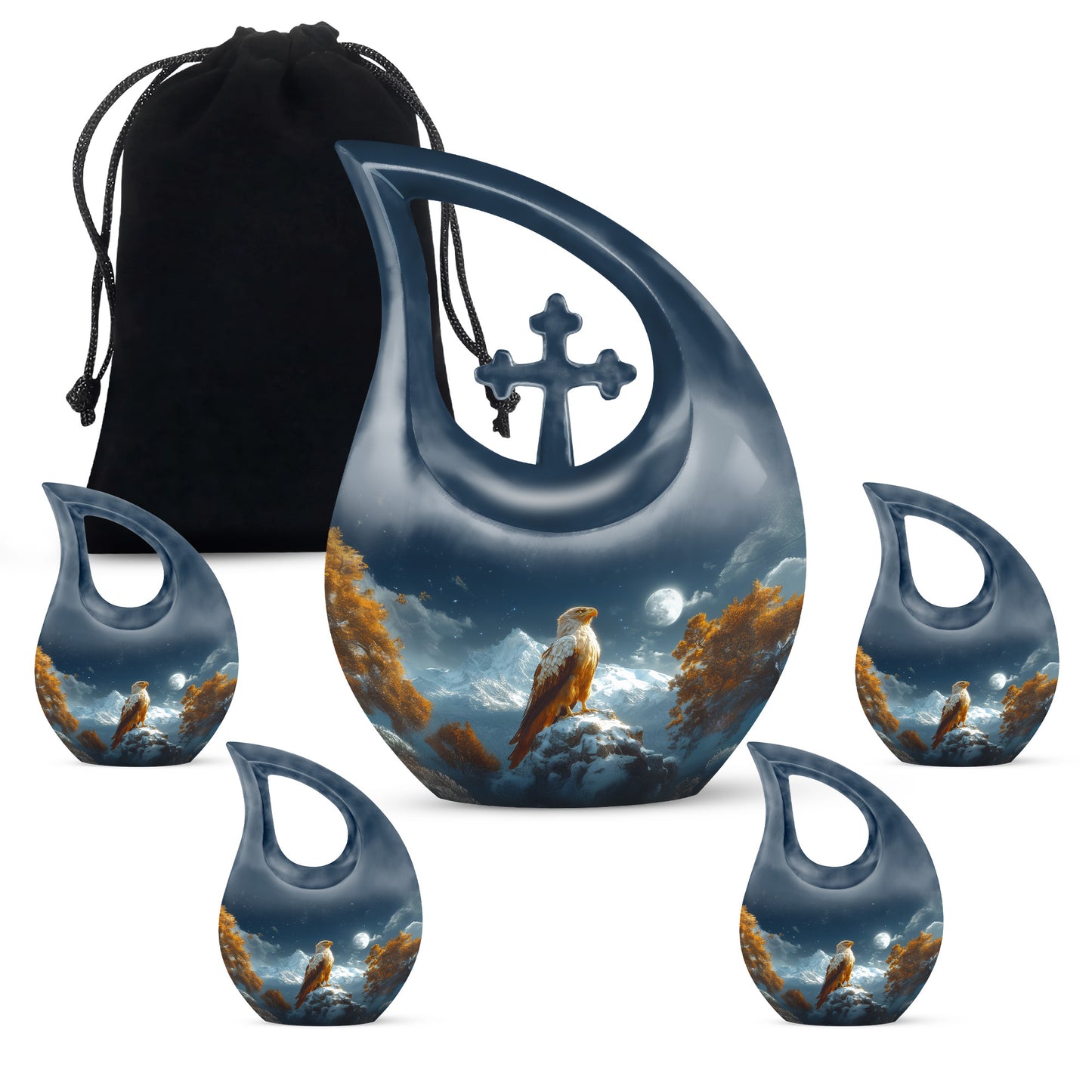 Sky Blue Eagle Cremation Urn urn with complimentary velvet bag - cross and eagle combined in spiritual memorial design - memorial set with one large and four small urns