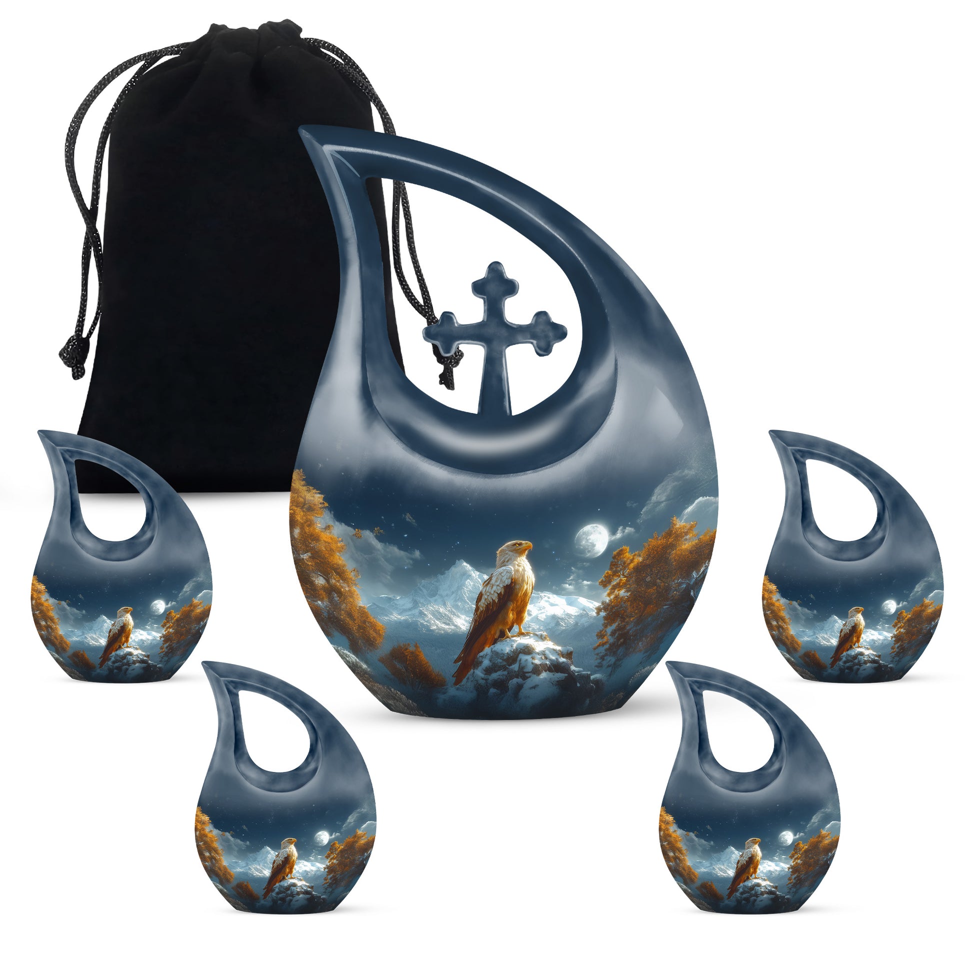 Sky Blue Eagle Cremation Urn urn with complimentary velvet bag - cross and eagle combined in spiritual memorial design - memorial set with one large and four small urns