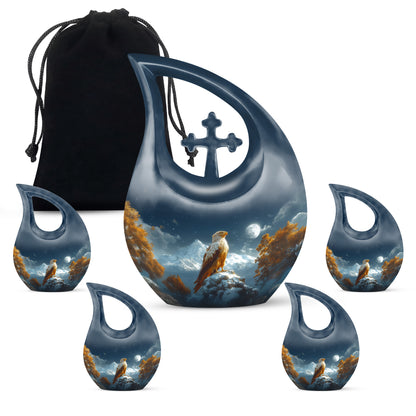 Sky Blue Eagle Cremation Urn urn with complimentary velvet bag - cross and eagle combined in spiritual memorial design - memorial set with one large and four small urns