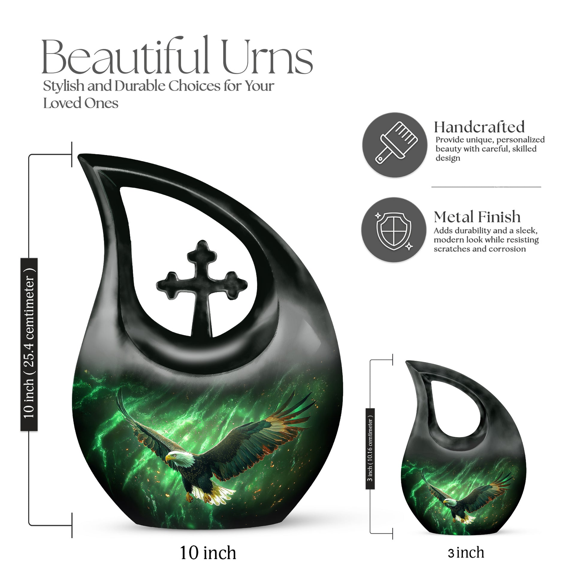 Emerald Green Eagle Cremation Urn back view with polished surface - sacred cross merged with eagle motif on metal - mini keepsake memorial for portion of cremation ashes