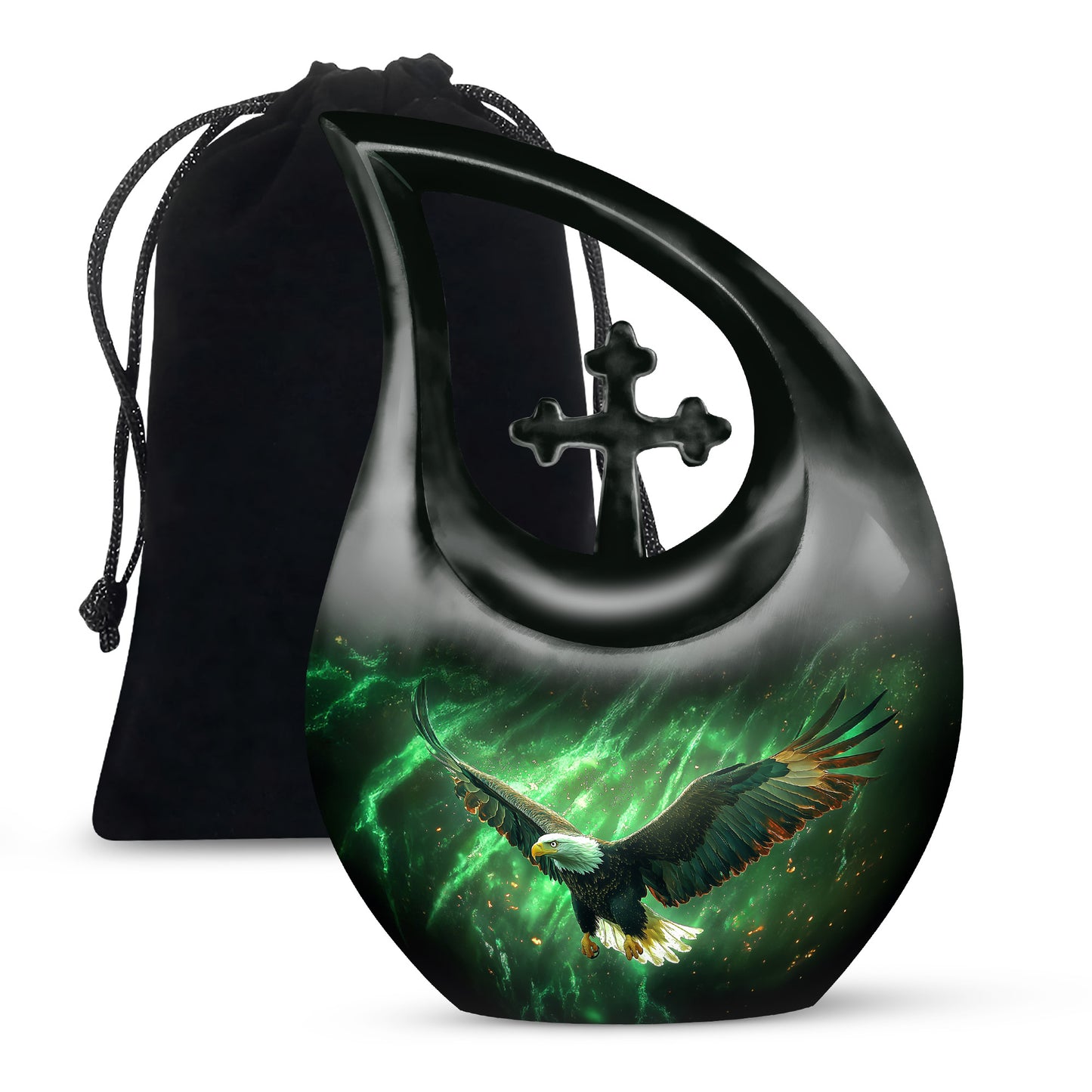 Hunter Green Eagle Cremation Urn top-down view of secure threaded lid - faith-inspired cross-drop urn with eagle pattern - full-size 10 inch 200 cubic inch adult cremation urn