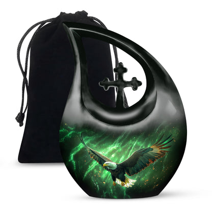 Hunter Green Eagle Cremation Urn top-down view of secure threaded lid - faith-inspired cross-drop urn with eagle pattern - full-size 10 inch 200 cubic inch adult cremation urn