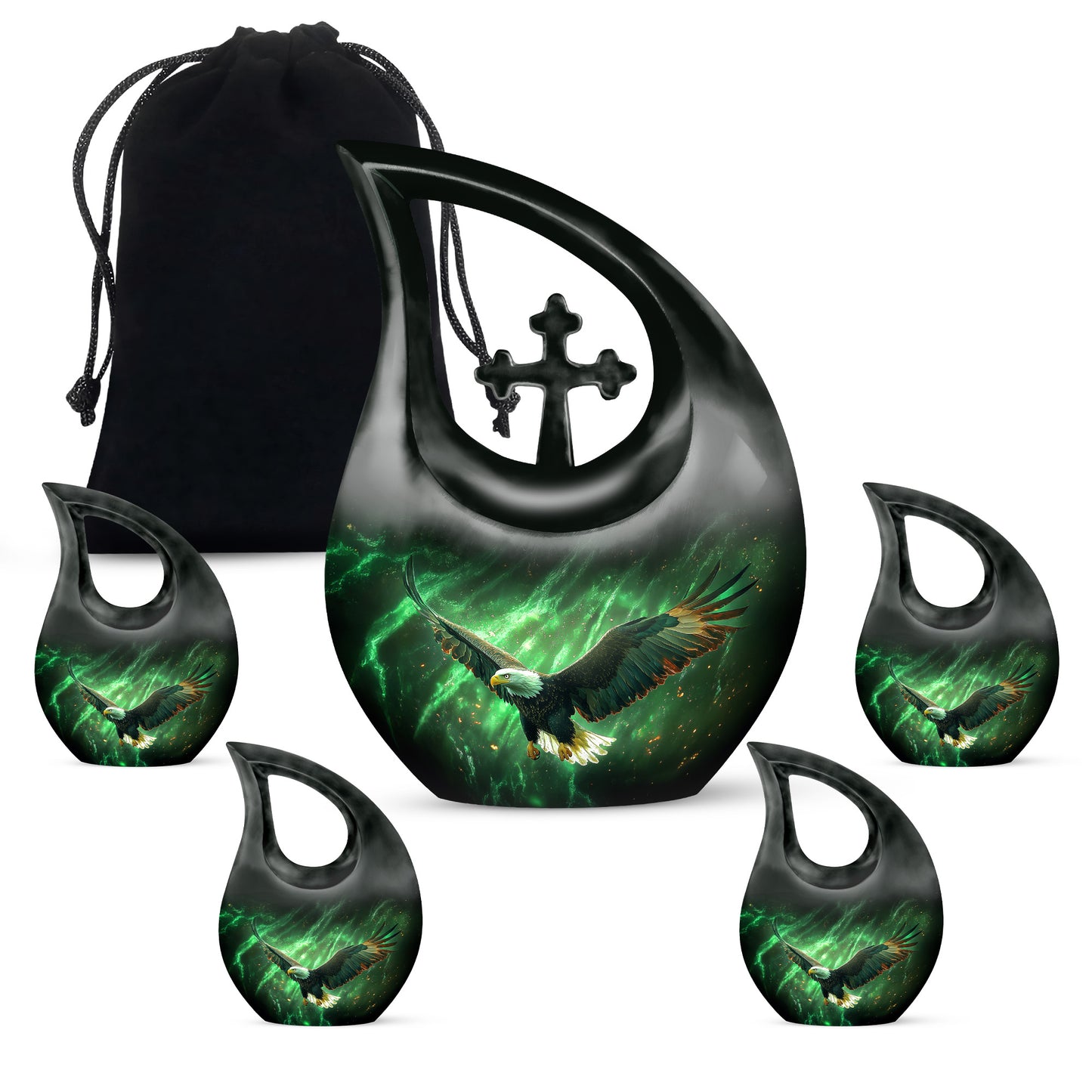 Jade Green Eagle Cremation Urn urn with complimentary velvet bag - sacred cross merged with eagle motif on metal - memorial set with one large and four small urns