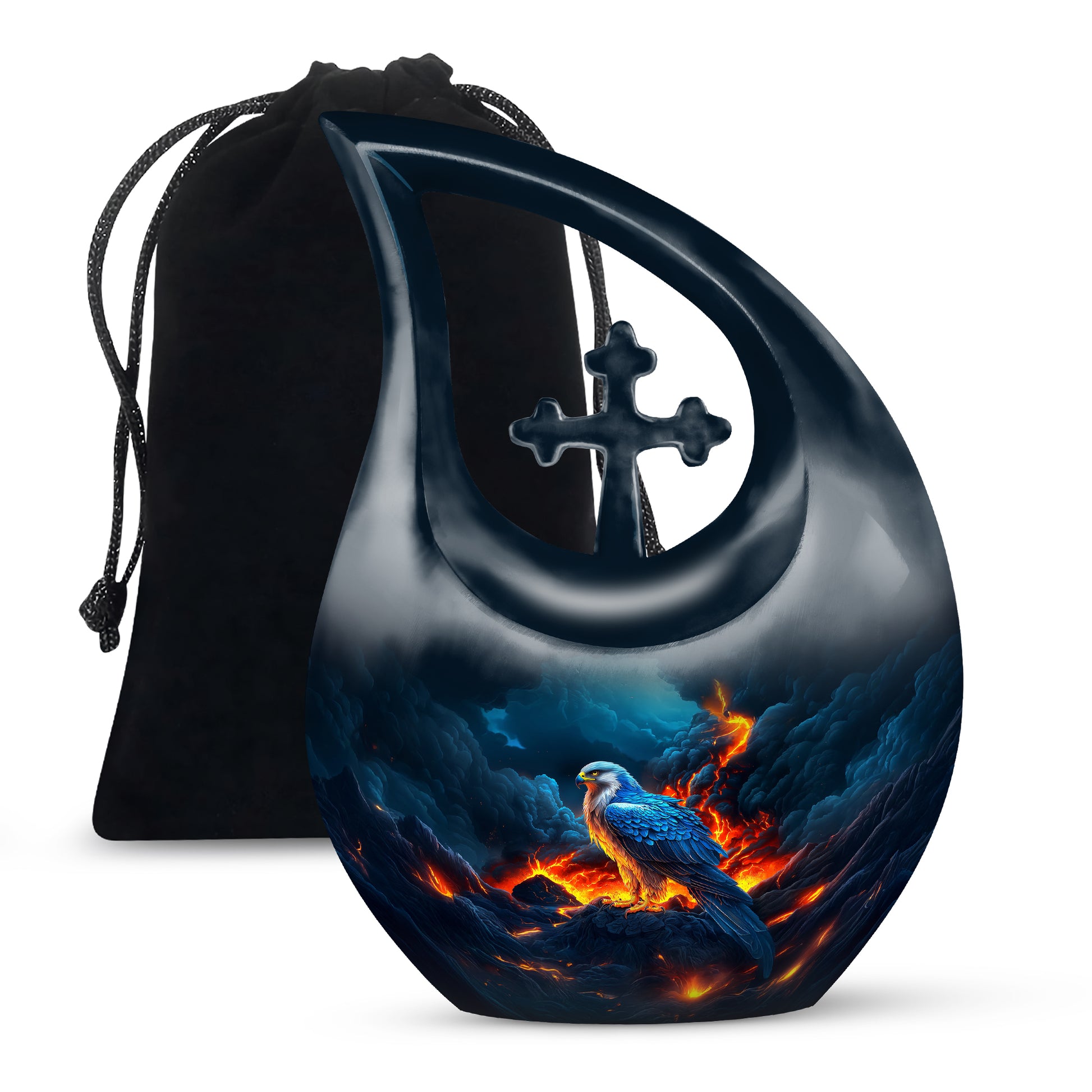 Powder Blue Eagle Cremation Urn top-down view of secure threaded lid - cross and eagle combined in spiritual memorial design - full-size 10 inch 200 cubic inch adult cremation urn