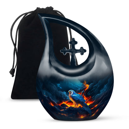 Powder Blue Eagle Cremation Urn top-down view of secure threaded lid - cross and eagle combined in spiritual memorial design - full-size 10 inch 200 cubic inch adult cremation urn