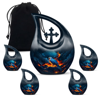 Azure Eagle Cremation Urn urn with complimentary velvet bag - sacred cross merged with eagle motif on metal - memorial set with one large and four small urns