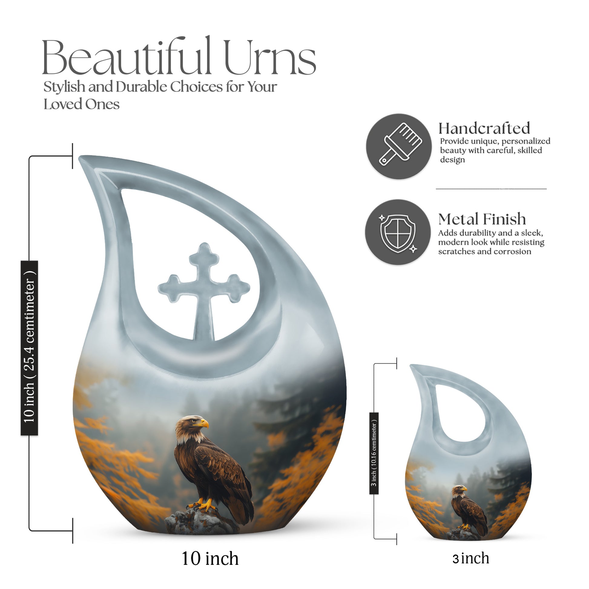 Dark Black Eagle Cremation Urn back view with polished surface - faith-inspired cross-drop urn with eagle pattern - mini keepsake memorial for portion of cremation ashes