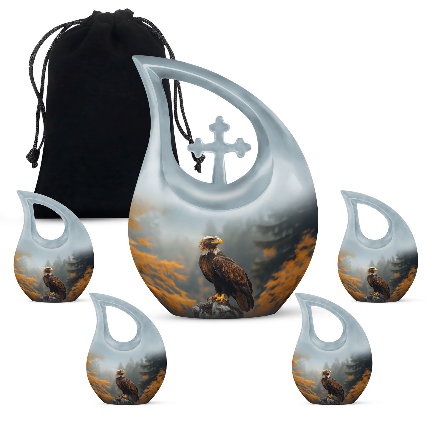 Jet Black Eagle Cremation Urn urn with complimentary velvet bag - cross and eagle combined in spiritual memorial design - memorial set with one large and four small urns