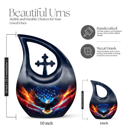 Deep Black Eagle Cremation Urn back view with polished surface - sacred cross merged with eagle motif on metal - mini keepsake memorial for portion of cremation ashes